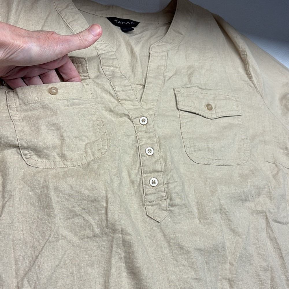 Tahari Linen Blend Long Sleeve 1/4 Button V-Neck Top Tan 1X - Picture 6 of 13